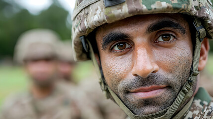 Fototapeta premium Soldier portrait, training, outdoors, blurred background, military stock photo