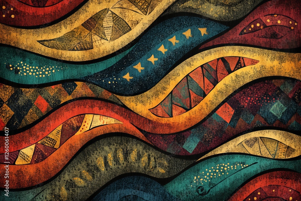 Poster colorful abstract patterns with wavy designs and vibrant hues creating a striking visual impact