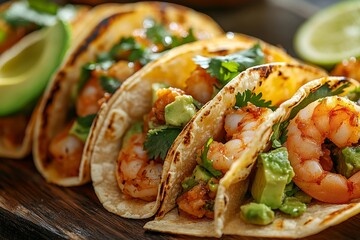 Delicious shrimp tacos with avocado, cilantro