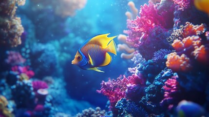 Fototapeta premium Vibrant blue and yellow angelfish swims amidst colorful coral reef.