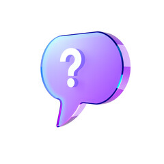 3D Message speech bubble with question mark. FAQ symbol concept. Online survey. Chatbot with help and support, glas transparent blue violet purple gradient, on white background, Generative AI