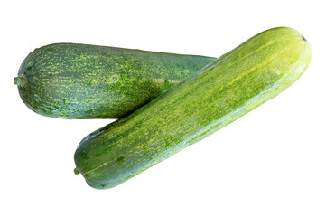 Top view of two long green cucumbers in stack and cross shape in vertical isolated on white background with clipping path