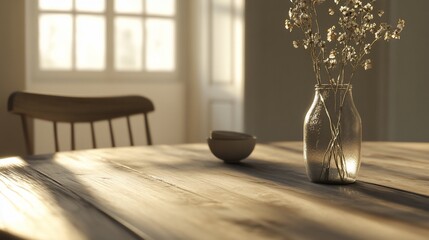 Sunlit wooden table with chair, dried flowers in glass vase, and small bowl.