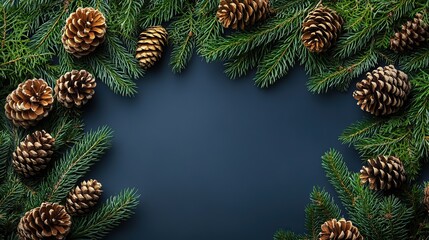 Fototapeta premium christmas background with fir tree branches and cones flat lay top view copy space
