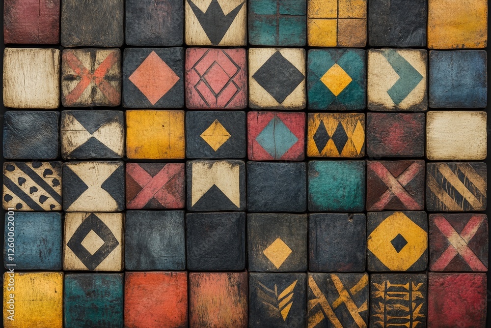 Poster colorful wooden blocks with intricate patterns arranged in a captivating mosaic design