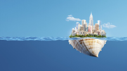 Obraz premium surreal cityscape emerging from giant seashell, blending nature and urban life