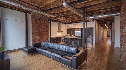 Fototapeta premium Modern Loft Apartment with Exposed Brick and Wood Beams
