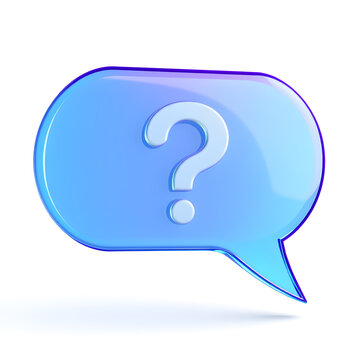 3D Message speech bubble with question mark. FAQ symbol concept. Online survey. Chatbot with help and support, glas transparent blue violet purple gradient, on white background, Generative AI