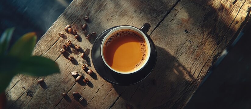 Aerial view of a black coffee cup on a rustic wooden table surrounded by brown coffee beans and a green plant leaf creating a cozy ambiance