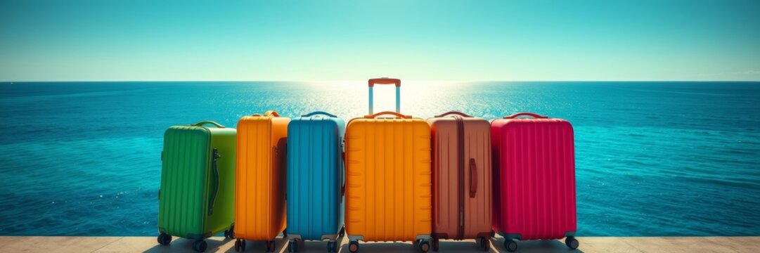 Vibrant suitcases arranged against ocean and sky, travel adventures