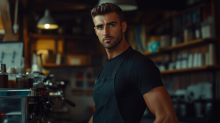 Obraz premium Young male barista with a confident look, wearing a black t-shirt and apron, standing behind the counter of a modern café with a warm, ambient atmosphere