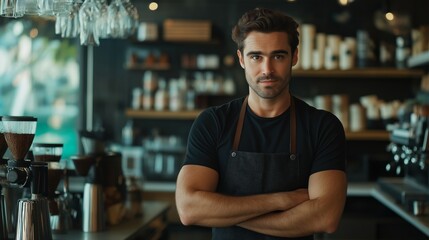 Fototapeta premium A confident barista in a black t-shirt and apron standing with crossed arms at the bar of a modern cafe, surrounded by coffee equipment and stylish decor