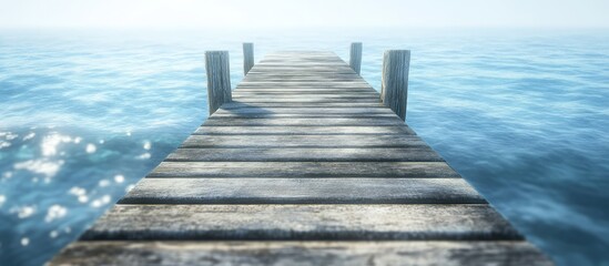 Wooden pier leading into tranquil blue waters with sunlit reflections, creating a serene and calming ambiance in a peaceful landscape.