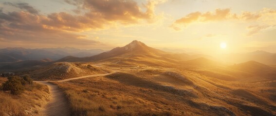 Fototapeta premium Serene Road Under a Golden Sunset in Rolling Hills