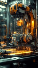 Fototapeta premium Futuristic robotic arm in high-tech industrial setting with illuminated orange components