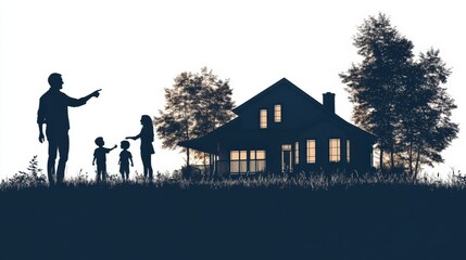 Silhouette of realtor guiding families toward their dream homes with property visuals