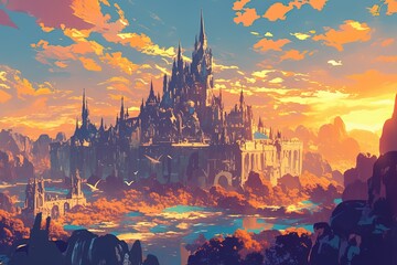 Naklejka premium Gothic castle at sunset by river, birds flying, fantasy landscape background, game art