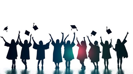 A joyful group of graduates celebrating their achievement, throwing caps in the air with excitement. A perfect background for graduation events, school celebrations, and magazine covers.