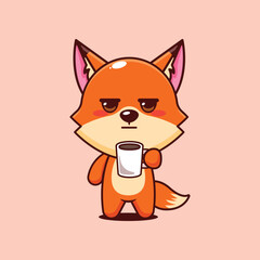 Cute fox is tired and sleepy holding coffee cartoon vector illustration