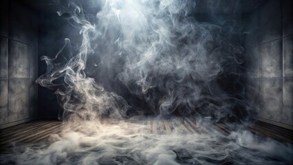 Dense fog created by cigarette smoke envelops a darkened room, revealing intricate patterns on the walls and floor