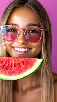 Smiling young woman holding a slice of watermelon against a vibrant pink background in sunny summertime