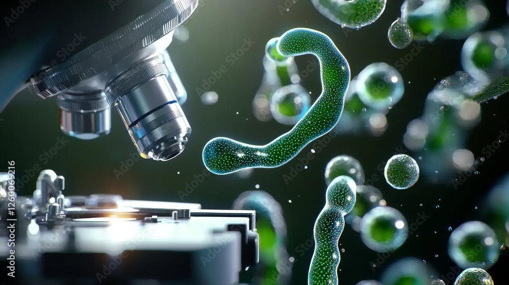 Poster exploring microscopic green bacteria through a high-resolution lens in a lab environment