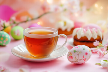 Fototapeta premium A charming cup of tea rests on a white saucer, accompanied by pastel Easter eggs and delightful pastries, all set against a cheerful spring backdrop filled with blossoms. Generative AI