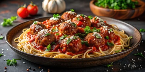 A steaming hot plate of spaghetti pasta with rich marinara sauce and juicy meatballs, topped with grated parmesan cheese and a sprinkle of parsley, marinara, pasta dish