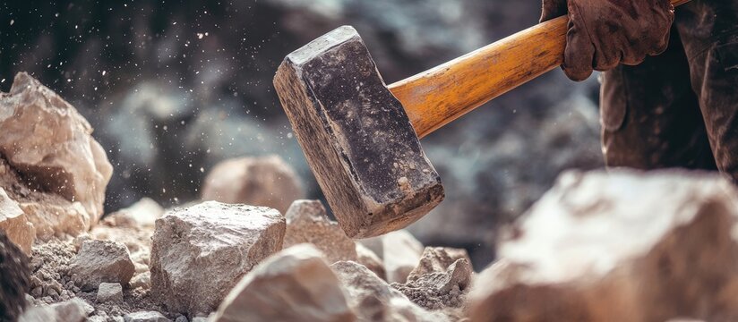 Close-up of a weathered construction worker's hand gripping a heavy sledgehammer poised above large rugged rocks in a gritty quarry setting