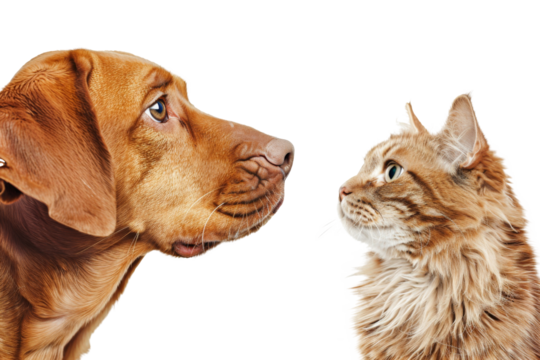 Dog and Cat staring face to face from flat lay view isolated on transparent background