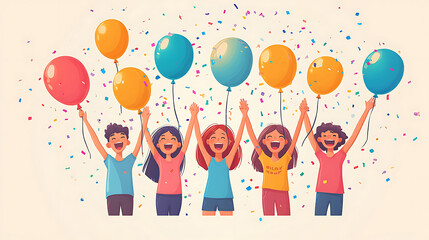 A group of friends celebrating with balloons and confetti, cartoon style, with bright colors, playful expressions, and a festive mood 