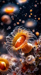 Fototapeta premium Exploring Vibrant Orange Sea Anemones Underwater Coral Reef Marine Life Photography Ocean Environment Close-up Perspective