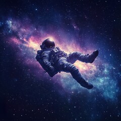 Fototapeta premium Astronaut floating peacefully within vibrant cosmic nebula background