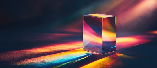 Vibrant prism creating colorful light refraction in dark dark environment showcasing dynamic hues as light interacts with surfaces and space
