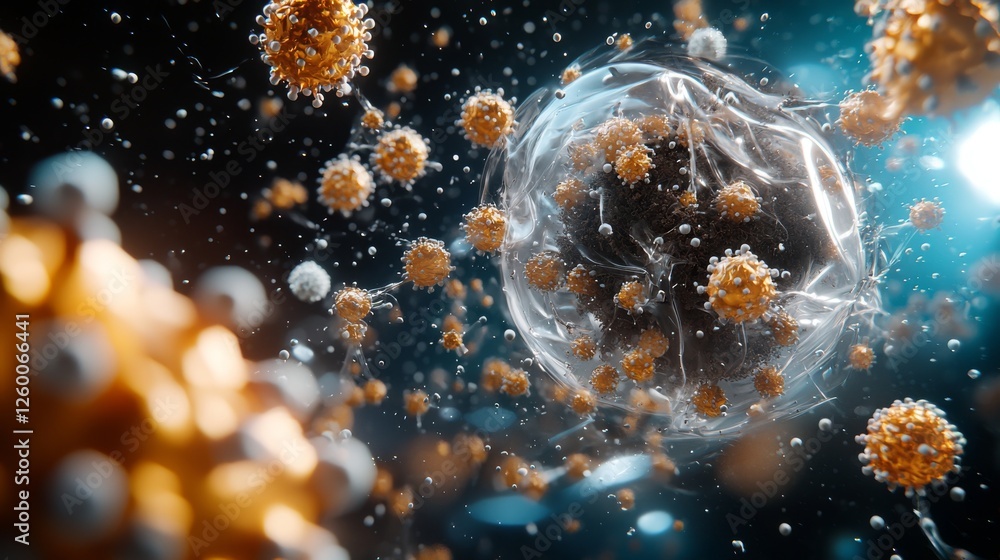 Poster exploring microscopic render of viruses in a laboratory environment scientific imagery detailed visu