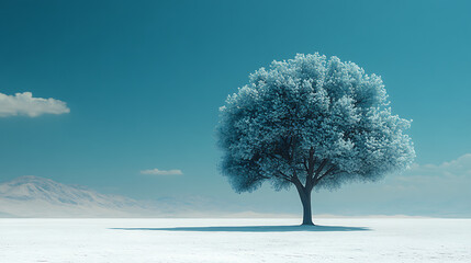 A lone tree in a desert, symbolic of resilience, minimalist style, with a focus on survival and hope, soft shadows 