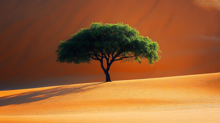 A lone tree in a desert, symbolic of resilience, minimalist style, with a focus on survival and hope, soft shadows 