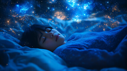 A person sleeping peacefully under a starry sky, photorealistic, with a focus on tranquility and rest, soft shadows, dreamy atmosphere 