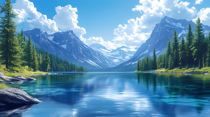 A pristine lake surrounded by towering mountains, realistic style, with crystal-clear water reflecting the sky, soft shadows, and a serene atmosphere 