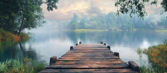 Aged wooden dock extending over a serene river at dawn surrounded by lush greenery and misty landscape softly illuminated by morning light.