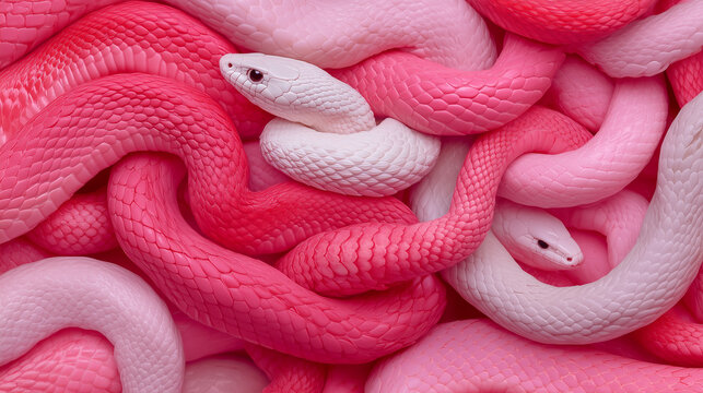 Colorful pink and white snakes entwined in a vibrant natural setting