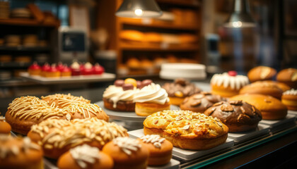 Assortment of cakes on display in a bakery shop