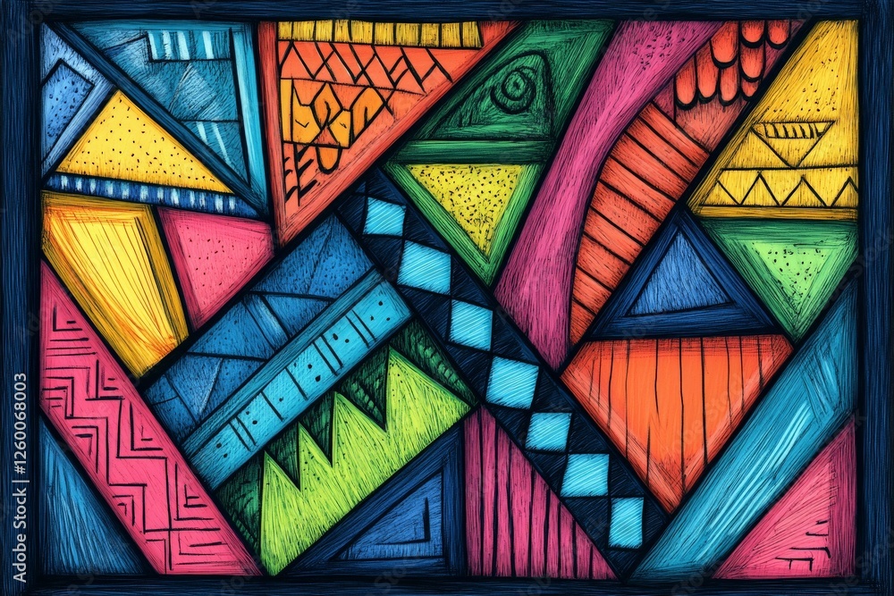 Poster colorful geometric abstract art with vibrant shapes and intricate patterns displayed on a textured b