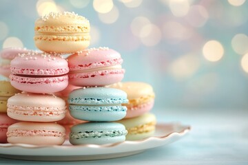 Obraz premium Pastel macarons stacked on plate, bokeh background, dessert, food photography