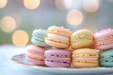 Fototapeta premium Pastel macarons on plate, bokeh background, sweet treat, food photography
