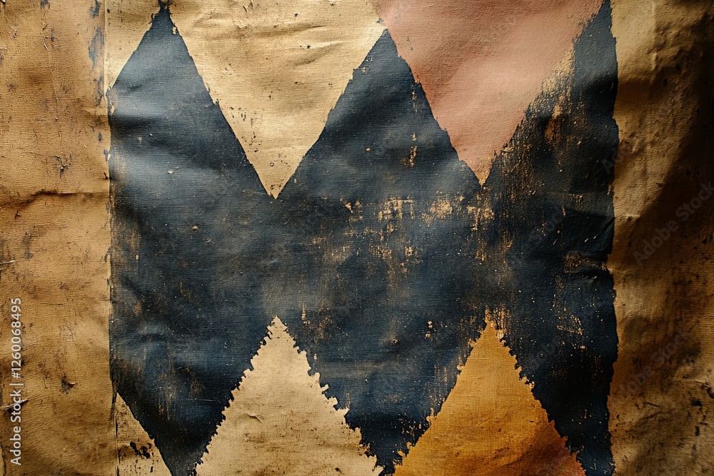 Poster traditional textile featuring abstract geometric patterns in earthy tones displayed on a rustic back