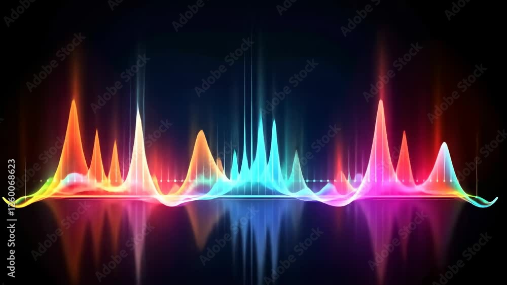 Poster colorful sound waves in a digital style, viewed from a front angle, resembling an audio visualizer i