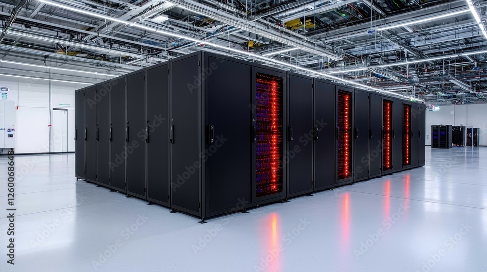 Poster data center operations high-tech facility digital infrastructure modern environment wide-angle view 