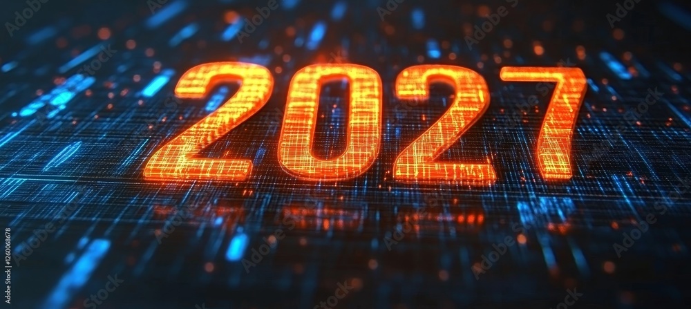 Poster futuristic representation of 2027 on an abstract circuit board, digital technology background