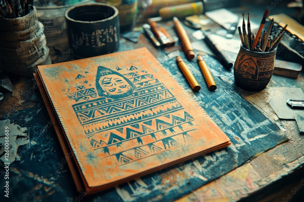 Poster artwork in progress on a cluttered artist's desk with colorful tools and textured papers in a creati